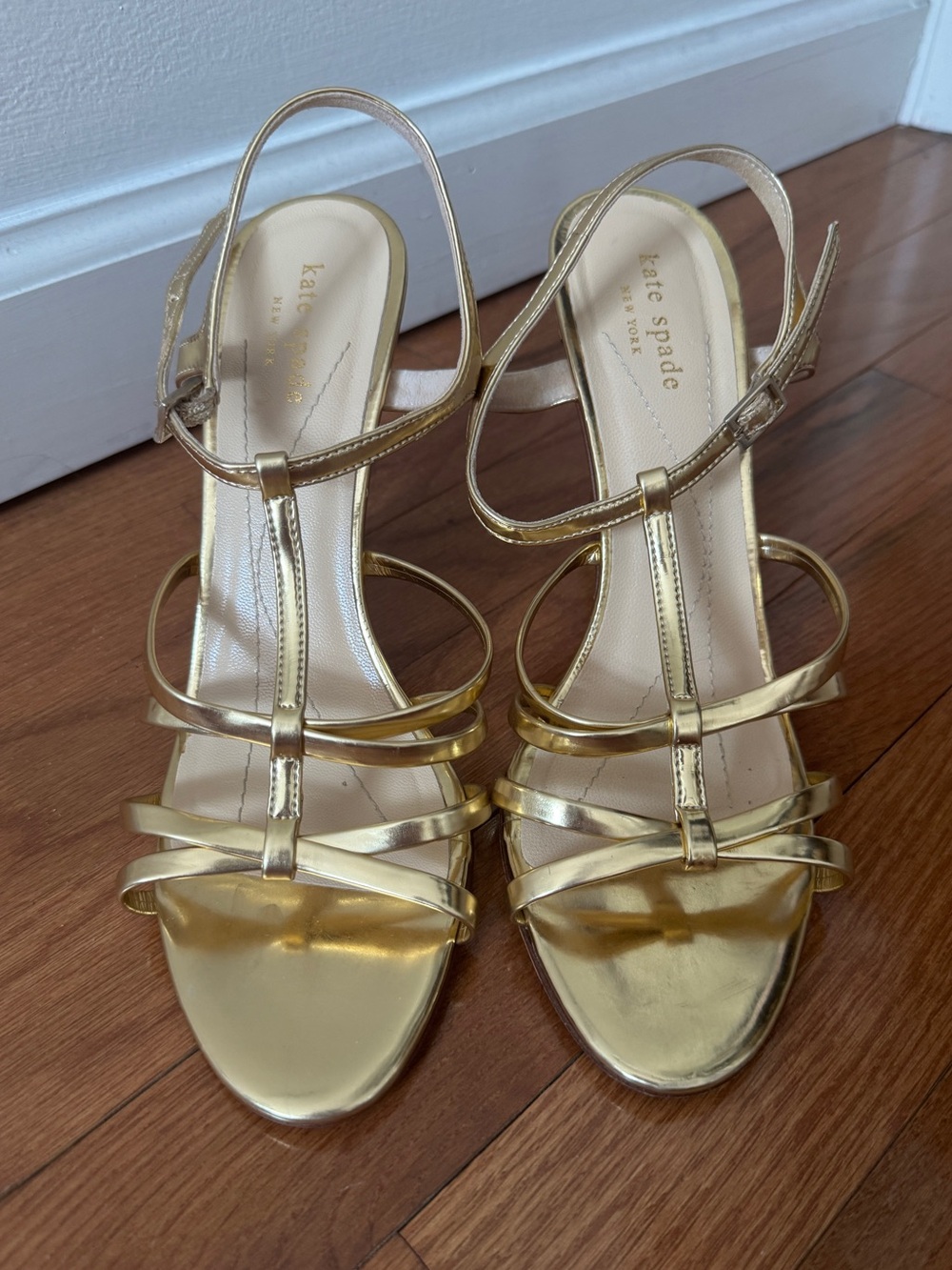 KATE SPADE Women's Sz 8.5 Metallic Gold Leather Ankle Strap Pumps Heel Sandals